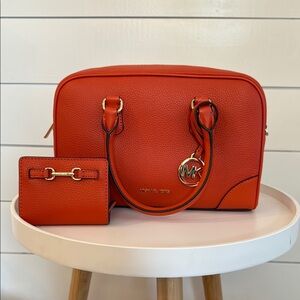 NWT Michael Kors Thompson Duffle Satchel and Flap Wallet in Red Leather Clay